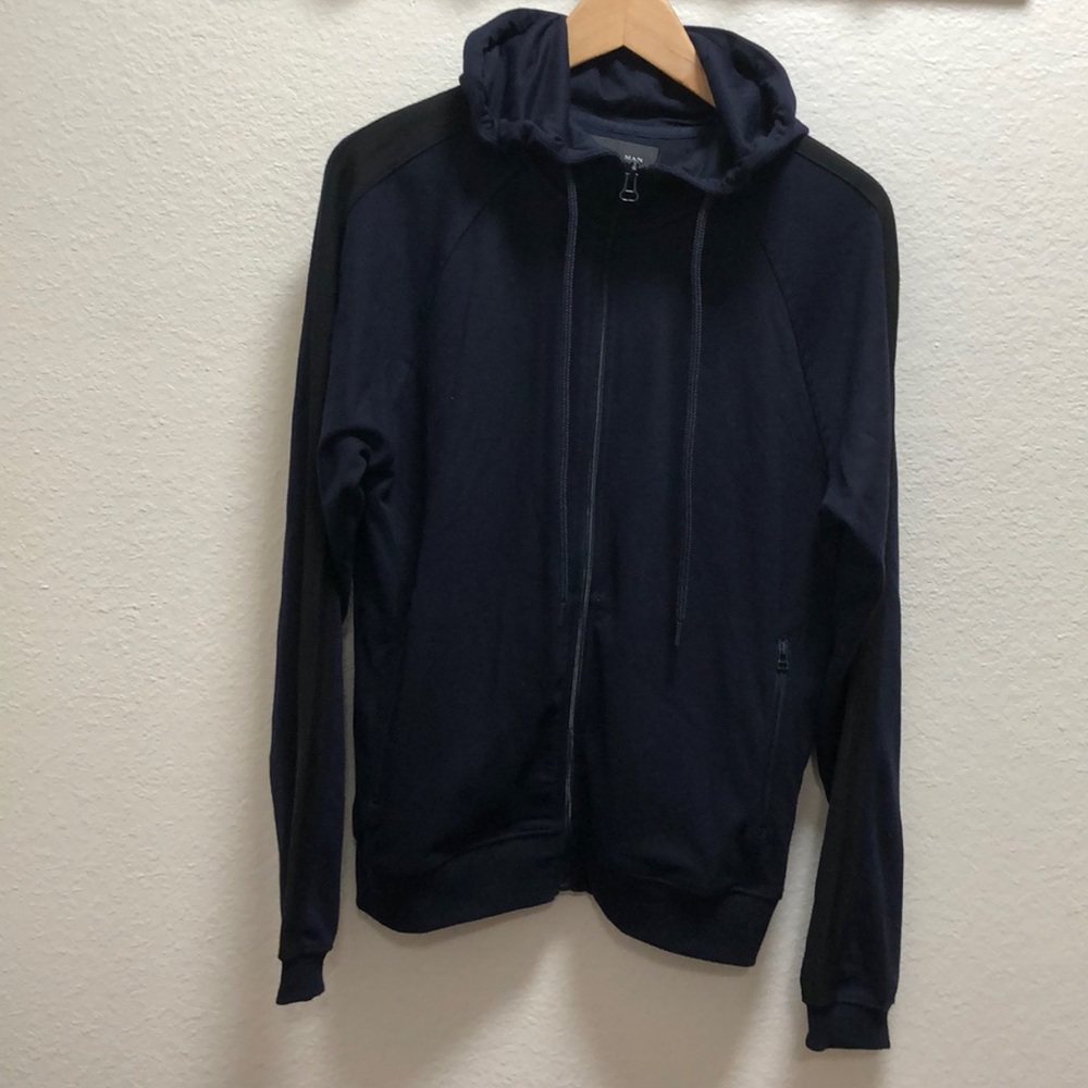 Zara man hooded sweatshirt size medium blue with black stripe sleeve zip up